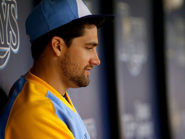 ST. PETERSBURG, FL - JUNE 10: Pitcher Nathan Eovaldi #24 of the Tampa Bay Rays sits in the dugout during the third inning of game one of a double header against the Oakland Athletics on June 10, 2017 at Tropicana Field in St. Petersburg, Florida.