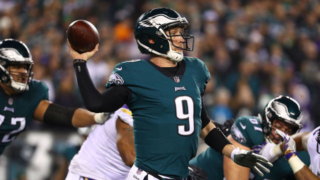 PHILADELPHIA, PA - JANUARY 21: Nick Foles #9 of the Philadelphia Eagles in action against the Minnesota Vikings during their NFC Championship game at Lincoln Financial Field on January 21, 2018 in Philadelphia, Pennsylvania.