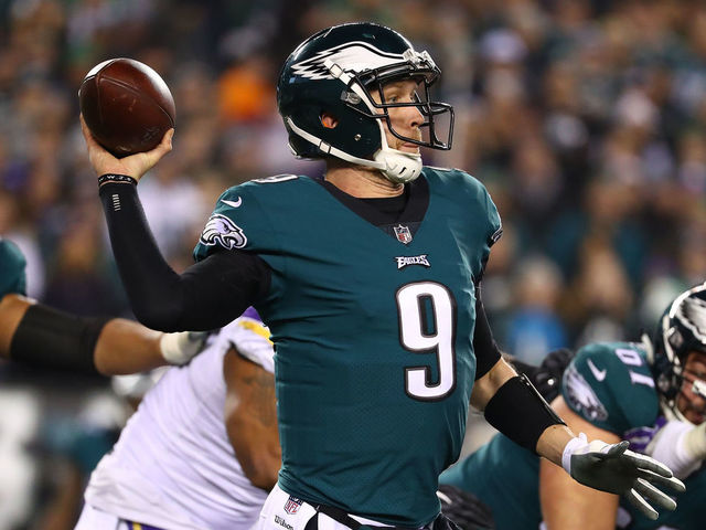 PHILADELPHIA, PA - JANUARY 21: Nick Foles #9 of the Philadelphia Eagles in action against the Minnesota Vikings during their NFC Championship game at Lincoln Financial Field on January 21, 2018 in Philadelphia, Pennsylvania.