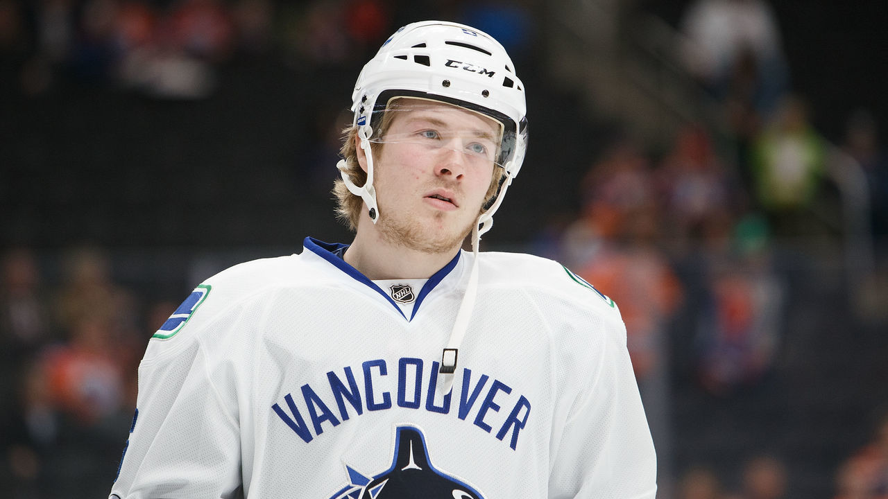 EDMONTON, AB - APRIL 9: Brock Boeser #6 of the Vancouver Canucks warms up before playing against the Edmonton Oilers on April 9, 2017 at Rogers Place in Edmonton, Alberta, Canada.