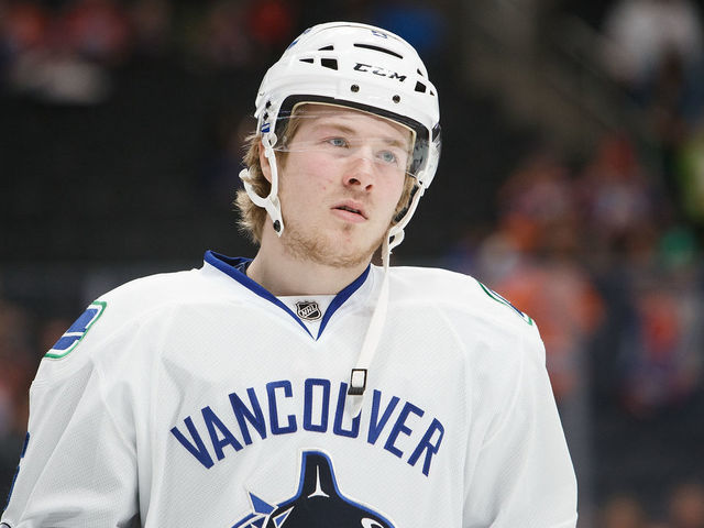 EDMONTON, AB - APRIL 9: Brock Boeser #6 of the Vancouver Canucks warms up before playing against the Edmonton Oilers on April 9, 2017 at Rogers Place in Edmonton, Alberta, Canada.