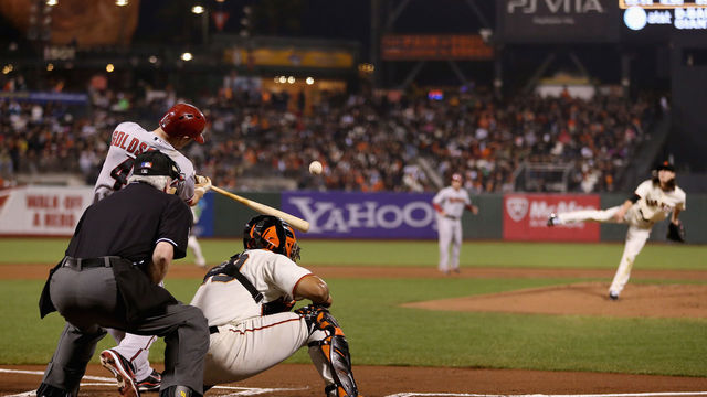 SAN FRANCISCO, CA - SEPTEMBER 25: Paul Goldschmidt #44 of the Arizona Diamondbacks hits a sacrifice fly off of Tim Lincecum #55 of the San Francisco Giants that scored Adam Eaton #6 in the first inning at AT&T Park on September 25, 2012 in San Francisco, California.
