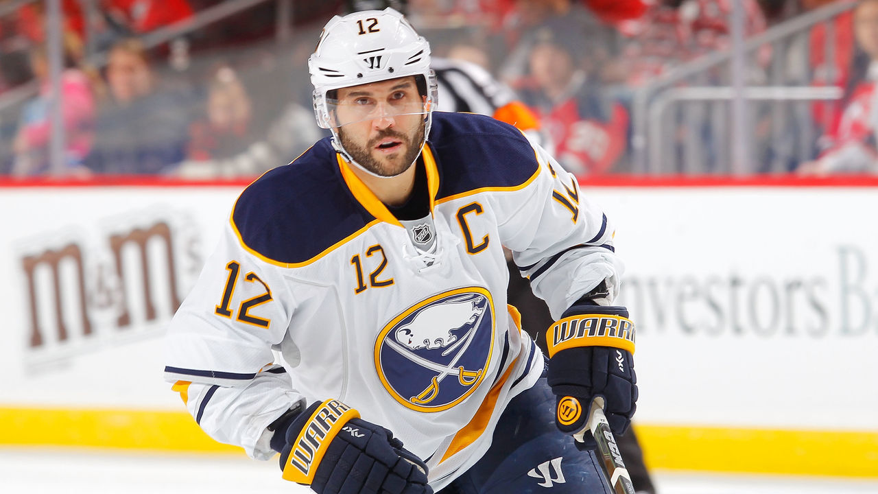 NEWARK, NJ - NOVEMBER 12: Brian Gionta #12 of the Buffalo Sabres in action against the New Jersey Devils at the Prudential Center on November 12, 2016 in Newark, New Jersey. The Devils defeated the Sabres 4-2.