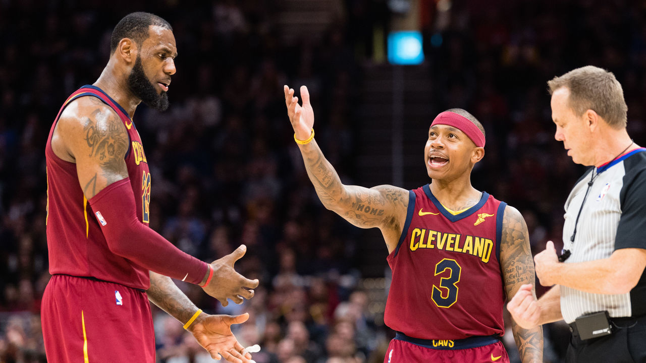 CLEVELAND, OH - JANUARY 2: LeBron James #23 an Isaiah Thomas #3 of the Cleveland Cavaliers argue a call with referee Bill Spooner #22 during the second half against the Portland Trail Blazers at Quicken Loans Arena on January 2, 2018 in Cleveland, Ohio. The Cavaliers defeated the Trail Blazers 127-110.