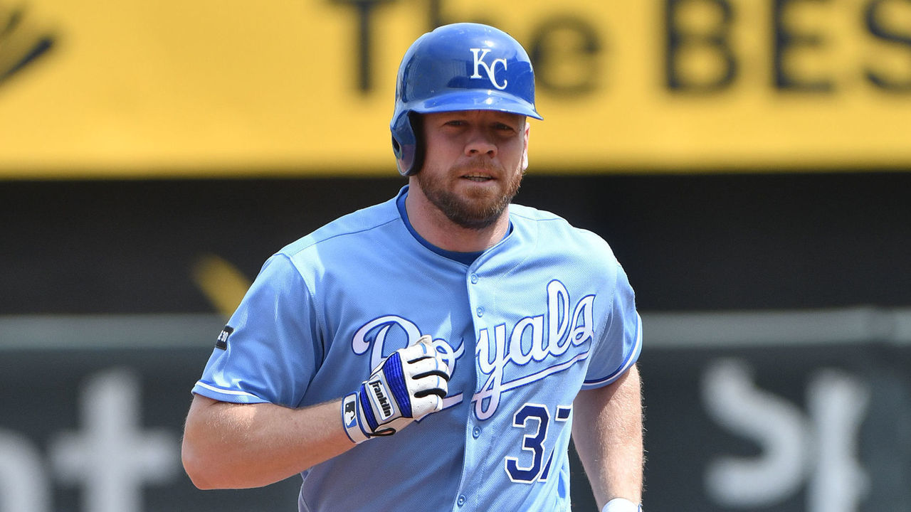 KANSAS CITY, MO - AUGUST 24: Brandon Moss #37 of the Kansas City Royals runs the bases after hitting a home run in the second inning against the Colorado Rockies at Kauffman Stadium on August 24, 2017 in Kansas City, Missouri.