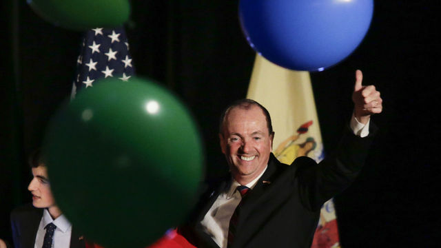 ASBURY PARK, NJ - NOVEMBER 07: The new Democratic governor of New Jersey Phil Murphy celebrates his victory on November 7, 2017 in Asbury Park, New Jersey. Murphy was projected an early winner over Republican Lt. Gov. Kim Guadagno.