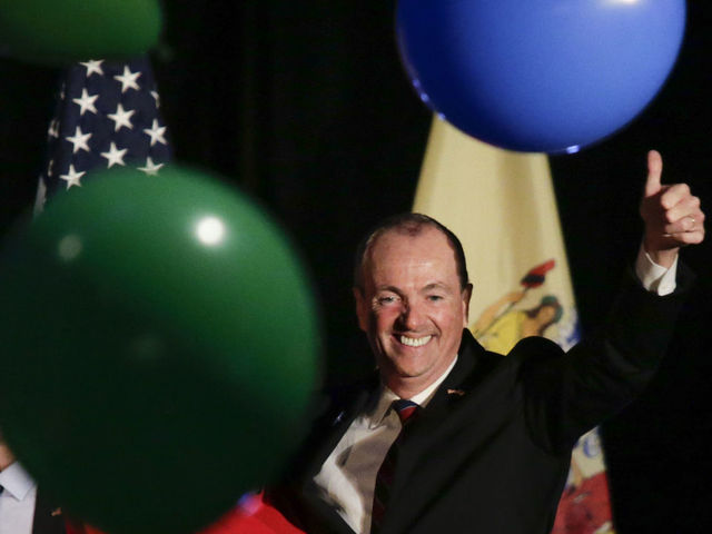 ASBURY PARK, NJ - NOVEMBER 07: The new Democratic governor of New Jersey Phil Murphy celebrates his victory on November 7, 2017 in Asbury Park, New Jersey. Murphy was projected an early winner over Republican Lt. Gov. Kim Guadagno.