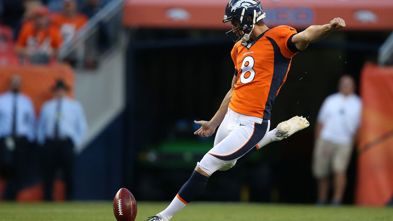 DENVER, CO - SEPTEMBER 03: Brandon McManus #8 of the Denver Broncos takes the opening kick off against the Arizona Cardinals during preseason action at Sports Authority Field at Mile High on September 3, 2015 in Denver, Colorado. The Cardinals defeated the Broncos 22-20.