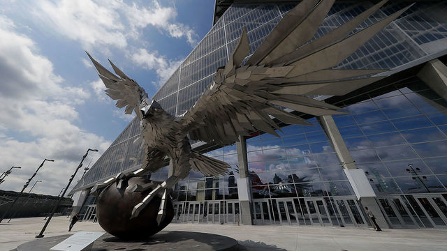 ATLANTA, GA - AUGUST 15: A general view from outside Mercedes-Benz Stadium during a walkthrough tour on August 15, 2017 in Atlanta, Georgia.
