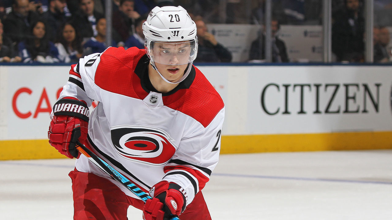 TORONTO,ON - DECEMBER 19: Sebastian Aho #20 of the Carolina Hurricanes skates against the Toronto Maple Leafs during an NHL game at the Air Canada Centre on December 19, 2017 in Toronto, Ontario, Canada. The Maple Leafs defeated the Hurricanes 8-1.
