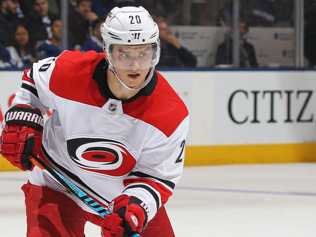 TORONTO,ON - DECEMBER 19: Sebastian Aho #20 of the Carolina Hurricanes skates against the Toronto Maple Leafs during an NHL game at the Air Canada Centre on December 19, 2017 in Toronto, Ontario, Canada. The Maple Leafs defeated the Hurricanes 8-1.