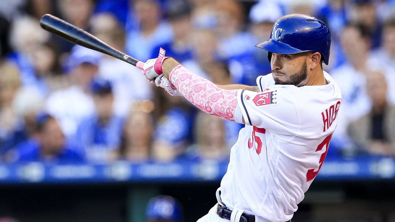 KANSAS CITY, MO - MAY 13: Eric Hosmer #35 of the Kansas City Royals hits a double against the Baltimore Orioles during the second inning at Kauffman Stadium on May 13, 2017 in Kansas City, Missouri. Players are wearing pink to celebrate Mother's Day weekend and support breast cancer awareness.