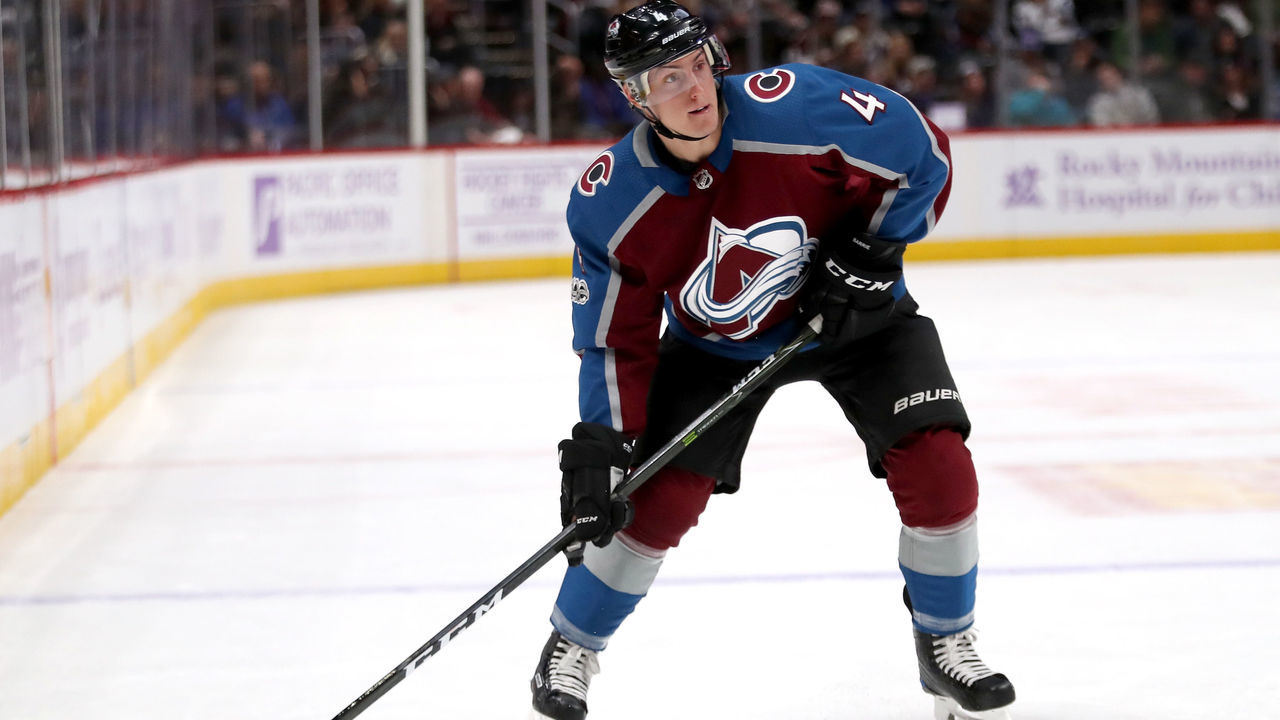 DENVER, CO - NOVEMBER 02: Tyson Barrie #4 of the Colorado Avalanche lines up a shot on goal against the Carolina Hurricanes at the Pepsi Center on November 2, 2017 in Denver, Colorado.