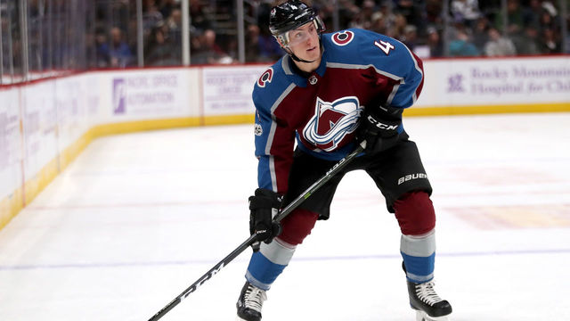 DENVER, CO - NOVEMBER 02: Tyson Barrie #4 of the Colorado Avalanche lines up a shot on goal against the Carolina Hurricanes at the Pepsi Center on November 2, 2017 in Denver, Colorado.