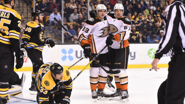 BOSTON, MA - JANUARY 30: Jakob Silfverberg #33 and Rickard Rakell #67 of the Anaheim Ducks celebrate a goal against the Boston Bruins at the TD Garden on January 30, 2018 in Boston, Massachusetts.