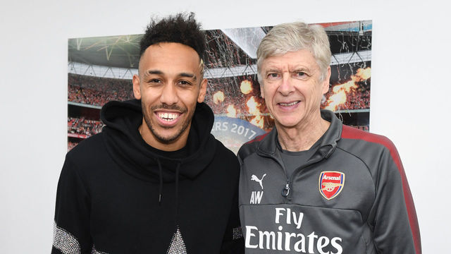 ST ALBANS, ENGLAND - JANUARY 31: (EXCLUSIVE ACCESS) Arsenal manager Arsene Wenger with new signing Pierre-Emerick Aubameyang at London Colney on January 31, 2018 in St Albans, England.