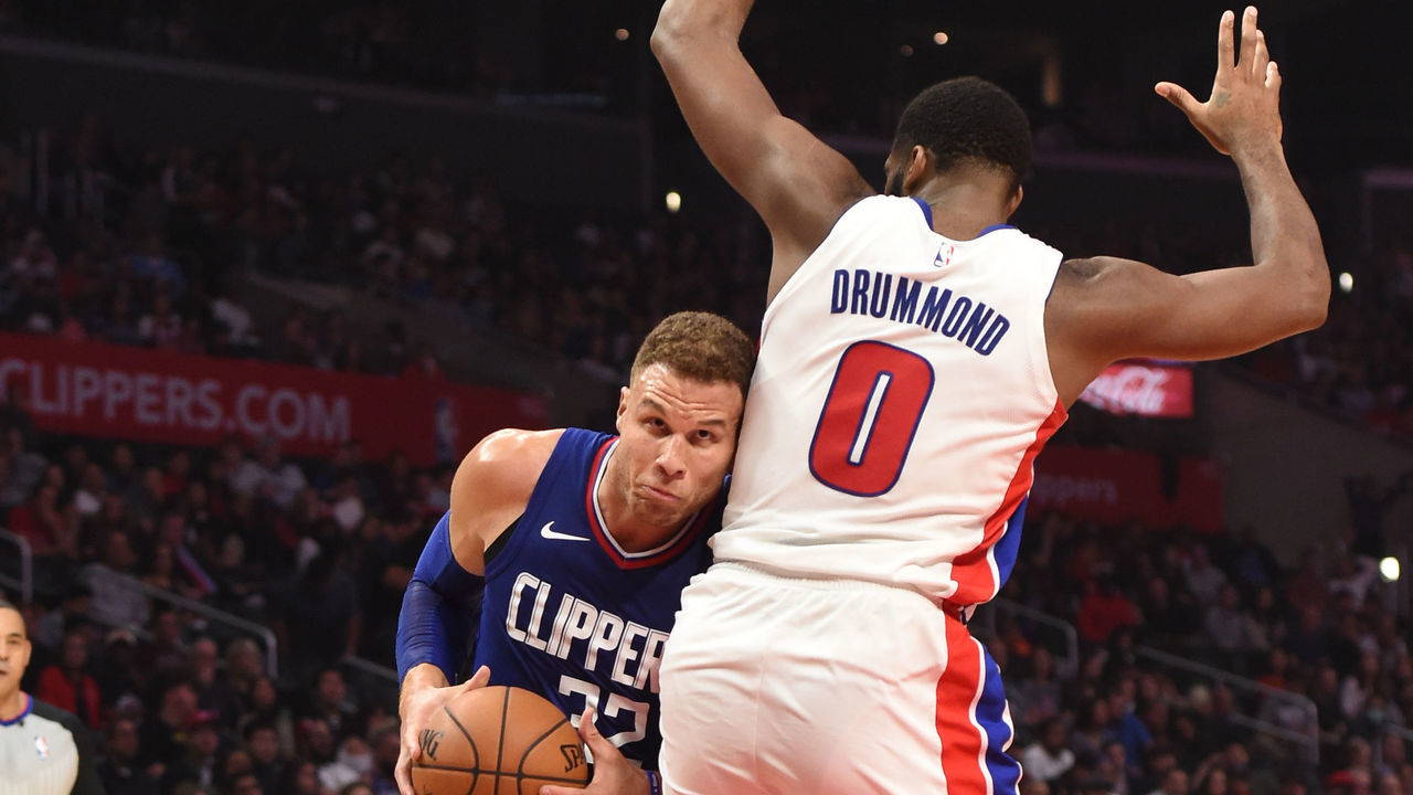 LOS ANGELES, CA - OCTOBER 28: Los Angeles Clippers Forward Blake Griffin (32) drives around Detroit Pistons Center Andre Drummond (0) during an NBA game between the Detroit Pistons and the Los Angeles Clippers on October 28, 2017 at STAPLES Center in Los Angeles, CA.