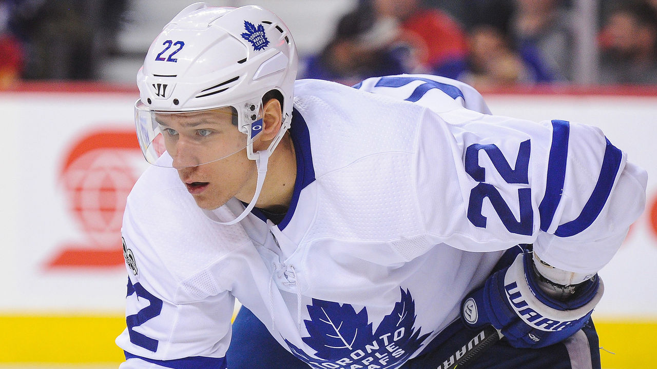 CALGARY, AB - NOVEMBER 28: Nikita Zaitsev #22 of the Toronto Maple Leafs in action against the Calgary Flames during an NHL game at Scotiabank Saddledome on November 28, 2017 in Calgary, Alberta, Canada.