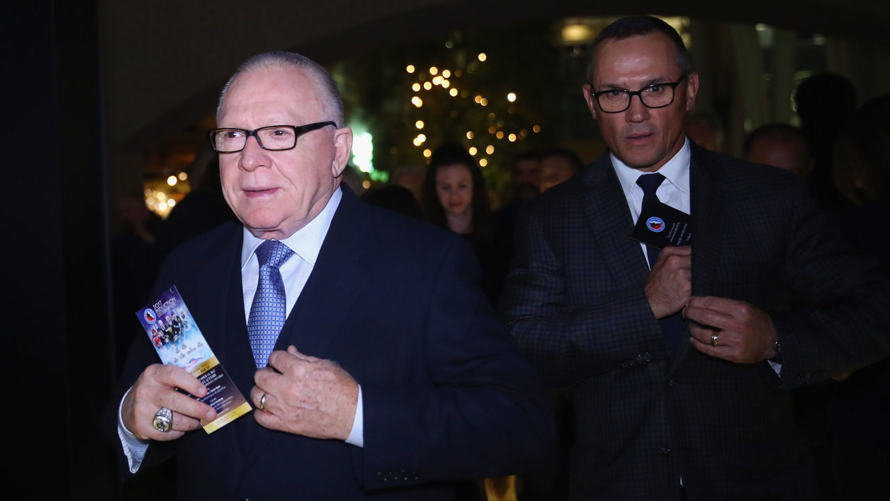 TORONTO, ON - NOVEMBER 13: (l-r) Jim Rutherford and Steve Yzerman walks the red carpet prior to the Hockey Hall of Fame induction ceremony at Brookfield Place on November 13, 2017 in Toronto, Canada.