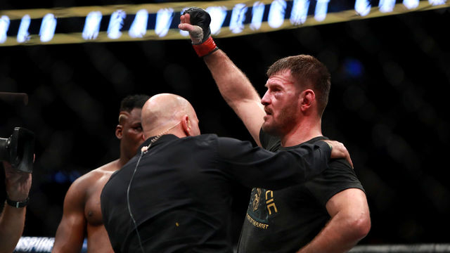 BOSTON, MA - JANUARY 20: Stipe Miocic reacts after defeating Francis Ngannou by unanimous decision in their Heavyweight Championship fight during UFC 220 at TD Garden on January 20, 2018 in Boston, Massachusetts.