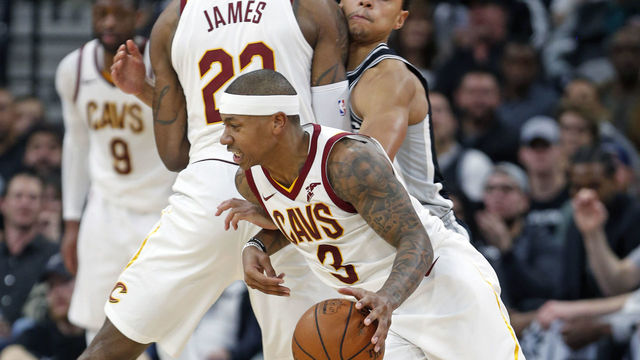 SAN ANTONIO,TX - JANUARY 23 : LeBron James #23 of the Cleveland Cavaliers sets a screen on Bryn Forbes #11 of the San Antonio Spurs as Isaiah Thomas #3 of the Cleveland Cavaliers drives at AT&T Center on January 23, 2018 in San Antonio, Texas. NOTE TO USER: User expressly acknowledges and agrees that , by downloading and or using this photograph, User is consenting to the terms and conditions of the Getty Images License Agreement.
