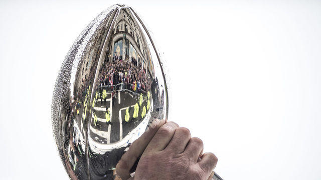 BOSTON, MA - FEBRUARY 07: The Vince Lombardi trophy is held during the New England Patriots Super Bowl victory parade on February 7, 2017 in Boston, Massachusetts. The Patriots defeated the Atlanta Falcons 34-28 in overtime in Super Bowl 51.