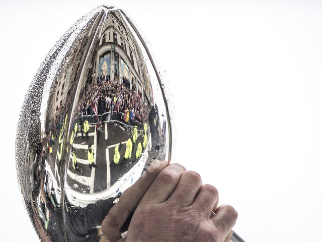 BOSTON, MA - FEBRUARY 07: The Vince Lombardi trophy is held during the New England Patriots Super Bowl victory parade on February 7, 2017 in Boston, Massachusetts. The Patriots defeated the Atlanta Falcons 34-28 in overtime in Super Bowl 51.