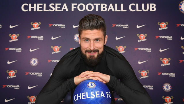 COBHAM, ENGLAND - JANUARY 31: Olivier Giroud of Chelsea at Chelsea Training Ground on January 31, 2018 in Cobham, England.