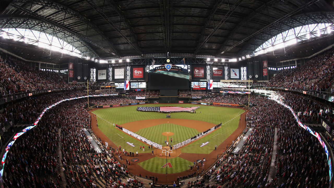 PHOENIX, AZ - OCTOBER 04: A general overview of the field as Jesse McGuire performs the National Anthem before the start of the National League Wild Card game between the Colorado Rockies and the Arizona Diamondbacks at Chase Field on October 4, 2017 in Phoenix, Arizona.