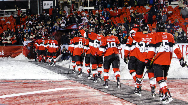 OTTAWA, ON - DECEMBER 16: Members of the Ottawa Senators exit the ice following their shut-out win against the Montreal Canadiens during the of the 2017 Scotiabank NHL100 Classic at Lansdowne Park on December 16, 2017 in Ottawa, Canada.
