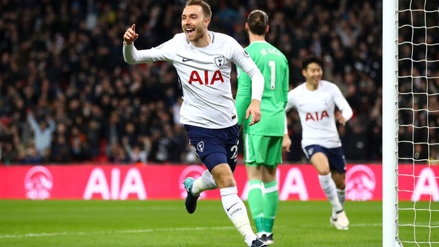 LONDON, ENGLAND - JANUARY 31: Christian Eriksen of Tottenham Hotspur celebrates after scoring his sides first goal during the Premier League match between Tottenham Hotspur and Manchester United at Wembley Stadium on January 31, 2018 in London, England.