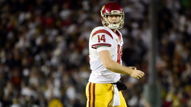 PASADENA, CA - JANUARY 02: Quarterback Sam Darnold #14 of the USC Trojans reacts after a fumble in the fourth quarter against the Penn State Nittany Lions during the 2017 Rose Bowl Game presented by Northwestern Mutual at the Rose Bowl on January 2, 2017 in Pasadena, California.