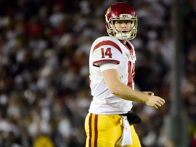 PASADENA, CA - JANUARY 02: Quarterback Sam Darnold #14 of the USC Trojans reacts after a fumble in the fourth quarter against the Penn State Nittany Lions during the 2017 Rose Bowl Game presented by Northwestern Mutual at the Rose Bowl on January 2, 2017 in Pasadena, California.