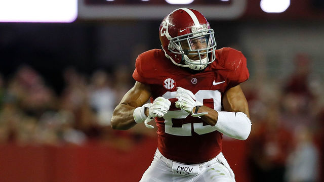 TUSCALOOSA, AL - SEPTEMBER 30: Minkah Fitzpatrick #29 of the Alabama Crimson Tide reacts after he and Isaiah Buggs #49 sack Shea Patterson #20 of the Mississippi Rebels at Bryant-Denny Stadium on September 30, 2017 in Tuscaloosa, Alabama.