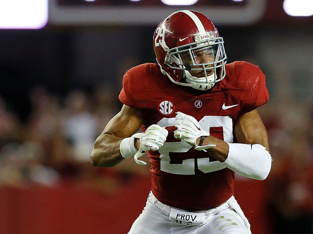 TUSCALOOSA, AL - SEPTEMBER 30: Minkah Fitzpatrick #29 of the Alabama Crimson Tide reacts after he and Isaiah Buggs #49 sack Shea Patterson #20 of the Mississippi Rebels at Bryant-Denny Stadium on September 30, 2017 in Tuscaloosa, Alabama.