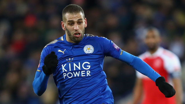 LEICESTER, ENGLAND - JANUARY 16: Islam Slimani of Leicester City in action during the Emirates FA Cup third round replay match between Leicester City and Fleetwood Town at The King Power Stadium on January 16, 2018 in Leicester, England.