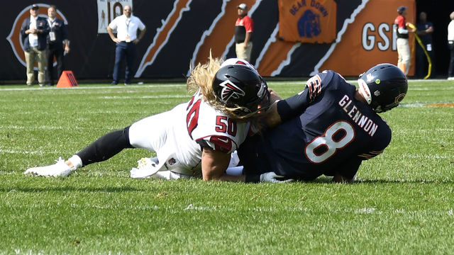 CHICAGO, IL - SEPTEMBER 10: Brooks Reed #50 of the Atlanta Falcons sacks quarterback Mike Glennon #8 of the Chicago Bears in the fourth quarter at Soldier Field on September 10, 2017 in Chicago, Illinois.