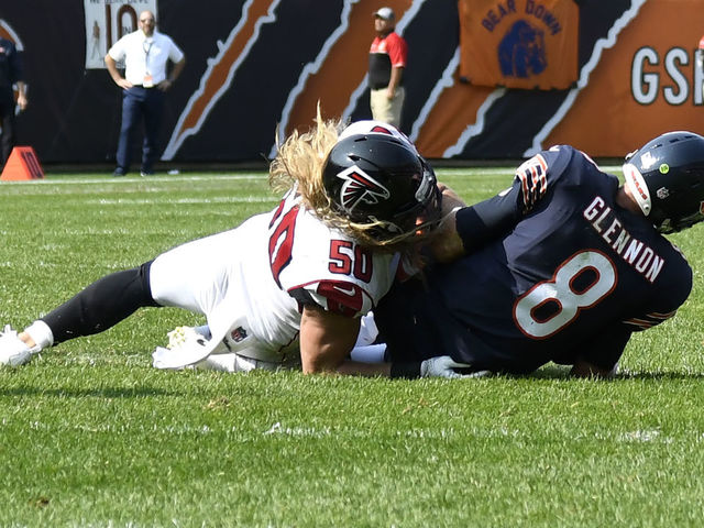 CHICAGO, IL - SEPTEMBER 10: Brooks Reed #50 of the Atlanta Falcons sacks quarterback Mike Glennon #8 of the Chicago Bears in the fourth quarter at Soldier Field on September 10, 2017 in Chicago, Illinois.