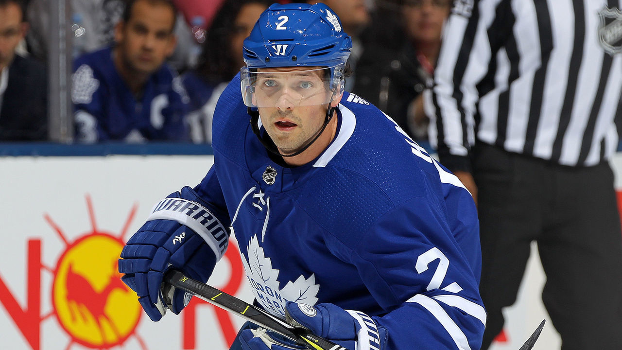 TORONTO, ON - NOVEMBER 6: Ron Hainsey #2 of the Toronto Maple Leafs skates against the Vegas Golden Knights during an NHL game at the Air Canada Centre on November 6, 2017 in Toronto, Ontario, Canada. The Maple Leafs defeated the Golden Knights 4-3 in an overtime shoot-out.