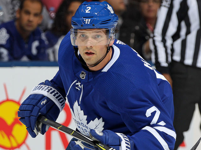 TORONTO, ON - NOVEMBER 6: Ron Hainsey #2 of the Toronto Maple Leafs skates against the Vegas Golden Knights during an NHL game at the Air Canada Centre on November 6, 2017 in Toronto, Ontario, Canada. The Maple Leafs defeated the Golden Knights 4-3 in an overtime shoot-out.