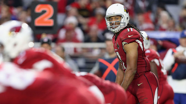 GLENDALE, AZ - DECEMBER 24: Wide receiver Larry Fitzgerald #11 of the Arizona Cardinals lines up during the NFL game against the New York Giants at the University of Phoenix Stadium on December 24, 2017 in Glendale, Arizona. The Cardinals defeated the Giants 23-0.