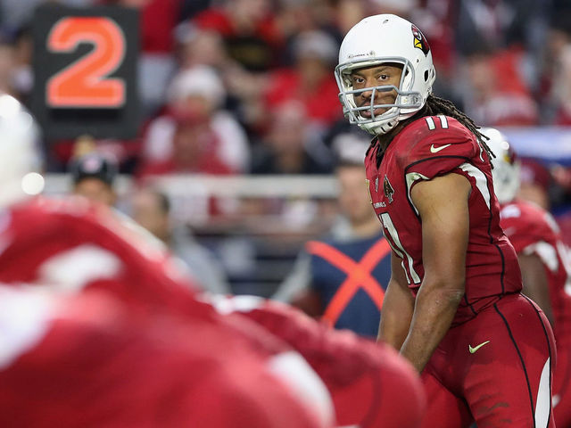 GLENDALE, AZ - DECEMBER 24: Wide receiver Larry Fitzgerald #11 of the Arizona Cardinals lines up during the NFL game against the New York Giants at the University of Phoenix Stadium on December 24, 2017 in Glendale, Arizona. The Cardinals defeated the Giants 23-0.