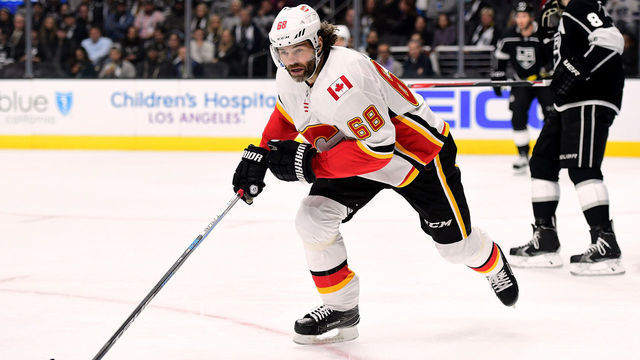 LOS ANGELES, CA - OCTOBER 11: Jaromir Jagr #68 of the Calgary Flames skates after the play during the game against the Los Angeles Kings at Staples Center on October 11, 2017 in Los Angeles, California.