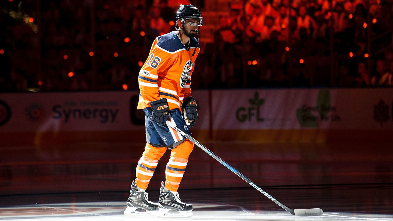 EDMONTON, AB - OCTOBER 04: Jujhar Khaira #16 of the Edmonton Oilers is introduced prior to the start of the Oilers home opener against the Calgary Flames at Rogers Place on October 4, 2017 in Edmonton, Canada.