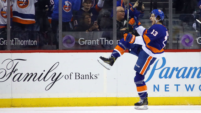NEW YORK, NY - DECEMBER 23: Mathew Barzal #13 of the New York Islanders celebartes his goal at 19:24 of the first period against the Winnipeg Jets at the Barclays Center on December 23, 2017 in the Brooklyn borough of New York City.
