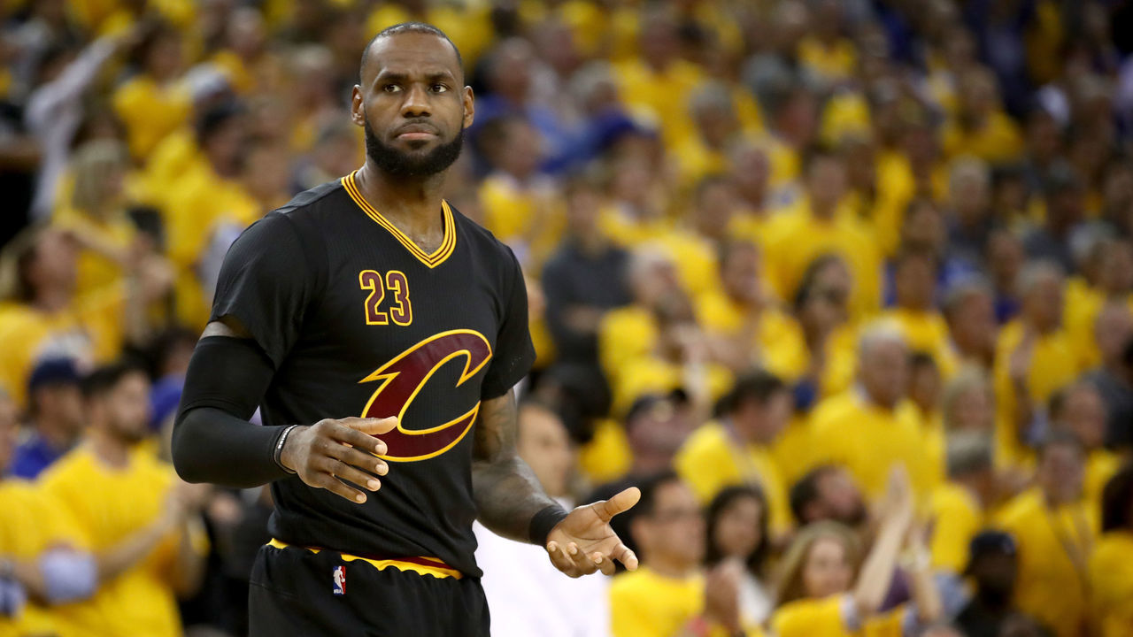 OAKLAND, CA - JUNE 12: LeBron James #23 of the Cleveland Cavaliers reacts against the Golden State Warriors in Game 5 of the 2017 NBA Finals at ORACLE Arena on June 12, 2017 in Oakland, California.
