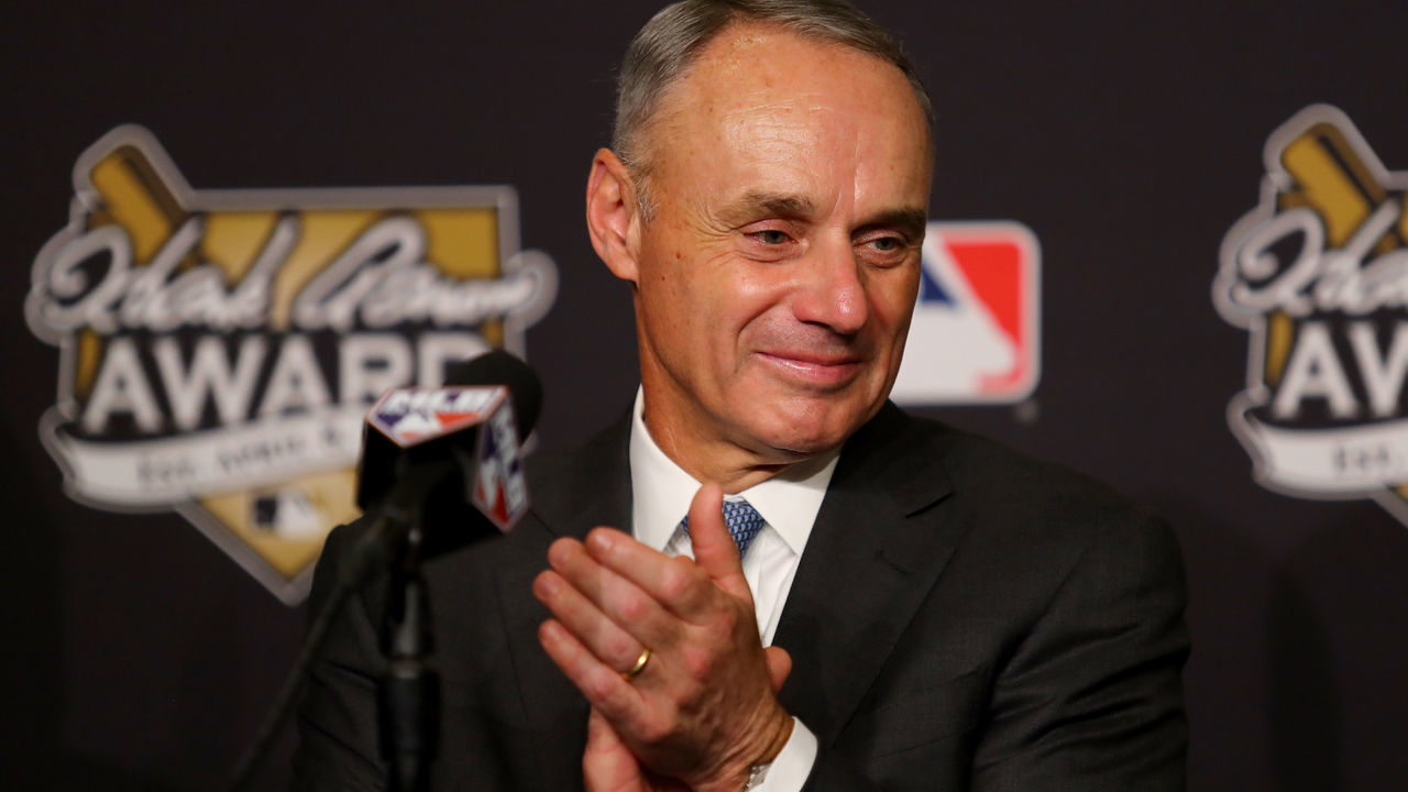 LOS ANGELES, CA - OCTOBER 25: Major League Baseball Commissioner Robert D. Manfred Jr. attends the 2017 Hank Aaron Award press conference prior to game two of the 2017 World Series between the Houston Astros and the Los Angeles Dodgers at Dodger Stadium on October 25, 2017 in Los Angeles, California.