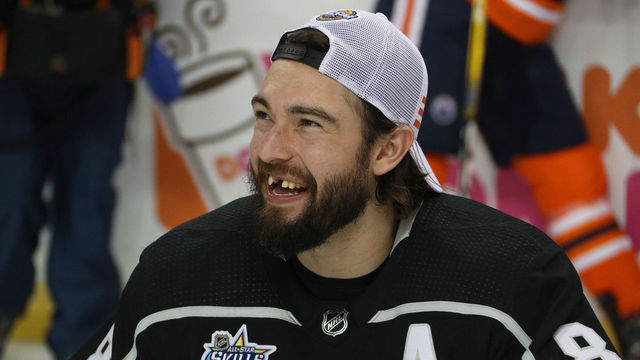 TAMPA, FL - JANUARY 27: Drew Doughty #8 of the Los Angeles Kings has a laugh during the Honda NHL Accuracy Shooting during 2018 GEICO NHL All-Star Skills Competition at Amalie Arena on January 27, 2018 in Tampa, Florida.