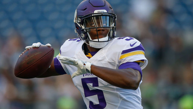 SEATTLE, WA - AUGUST 18: Quarterback Teddy Bridgewater #5 of the Minnesota Vikings warms up prior to the preseason game against the Seattle Seahawks at CenturyLink Field on August 18, 2016 in Seattle, Washington.