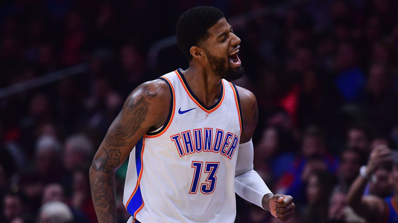 LOS ANGELES, CA - JANUARY 04: Paul George #13 of the Oklahoma City Thunder reacts to his three pointer during a 127-117 win over the LA Clippers at Staples Center on January 4, 2018 in Los Angeles, California.